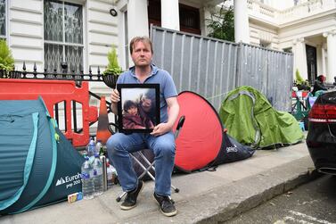 epa07657902 Richard Ratcliffe, the husband of imprisoned Nazanin Zaghari-Ratcliffe poses for a portrait outside the Iranian Embassy in London, Britain, 19 June 2019. Nazanin Zaghari-Ratcliffe has begun a new hunger strike in the Iranian jail. Zaghari-Ratcliffe was jailed for five years in Iran in 2016 after being convicted of spying, which she denies. Mr Ratcliffe is continuing his hunger strike in solidarity with his wife. EPA/FACUNDO ARRIZABALAGA