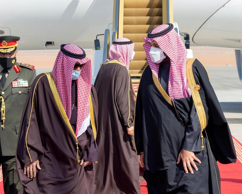 Saudi Crown Prince Mohammed bin Salman welcomes Emir Sheikh Nawaf Al Sabah of Kuwait. SPA