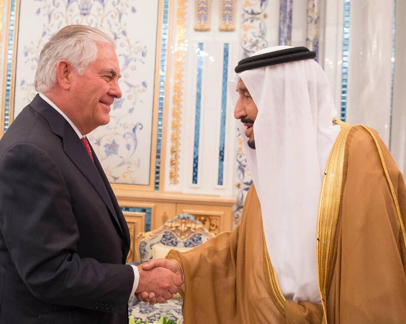 King Salman bin Abdul Aziz of Saudi Arabia receives US secretary of state Rex Tillerson in Jeddah, Saudi Arabia,on July 12, 2017,  ahead of talks on the Qatar crisis with the foreign ministers of the four Arab countries that have imposed a boycott on Qatar.  Saudi press Agency via EPA