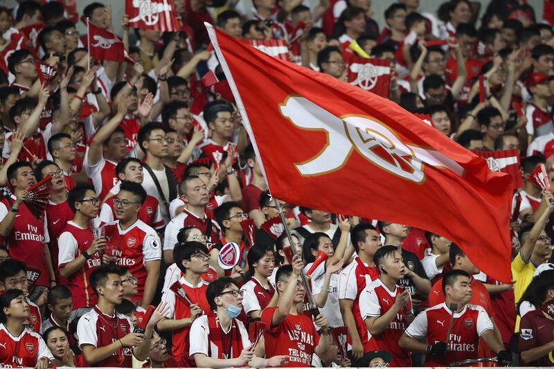 SHANGHAI, CHINA - JULY 19:  Arsenal fans show their support during the 2017 International Champions Cup football match between FC Bayern and Arsenal FC at Shanghai Stadium on July 19, 2017 in Shanghai, China.  (Photo by Lintao Zhang/Getty Images)