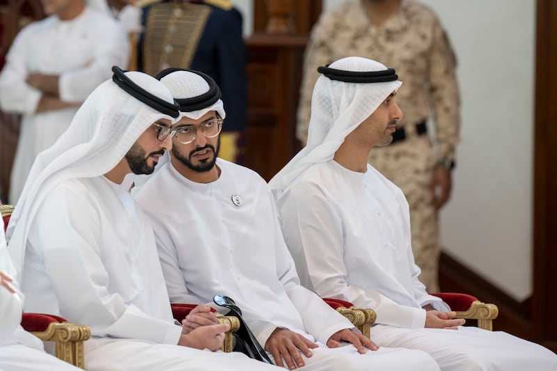 From left, Sheikh Sultan bin Hamdan, the UAE's ambassador to Bahrain; Sheikh Zayed bin Hamdan; and Sheikh Hamdan bin Mohamed attend a meeting in Bahrain.
