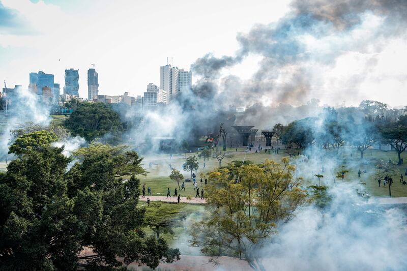 Smoke and tear gas drifts across the streets of Nairobi. AFP