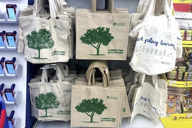 Reusable canvas and jute bags on display at Carrefour in Mall of the Emirates. Chris Whiteoak / The National