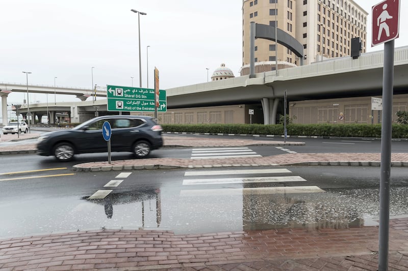 DUBAI, UNITED ARAB EMIRATES. 17 FEBRUARY 2019. Early morning rain in some parts of Dubai left substantial water puddles on the roads. (Photo: Antonie Robertson/The National) Journalist: None. Section: National.