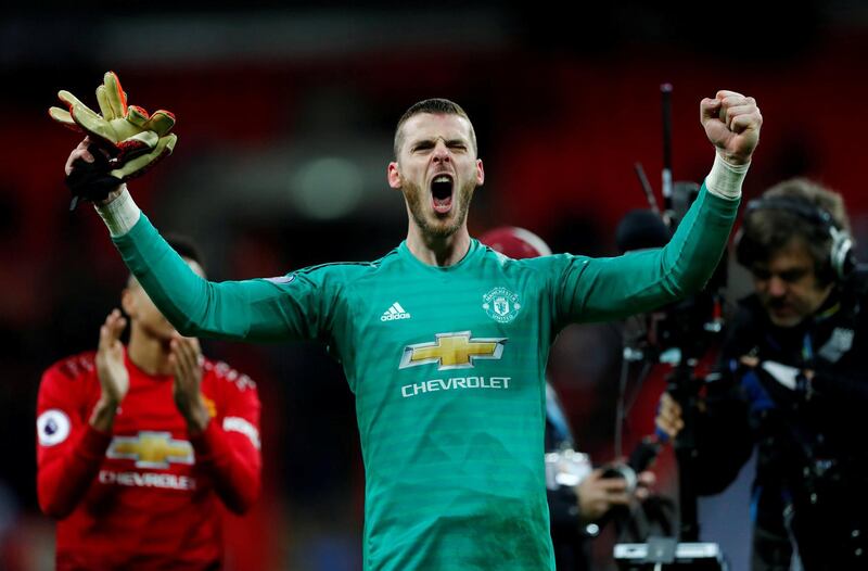 David de Gea celebrates at the end of United's 1-0 win over Tottenham. Reuters