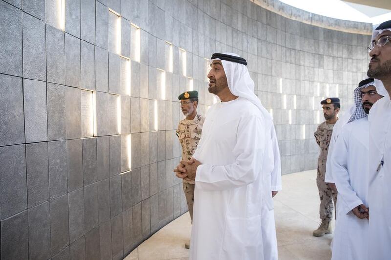 Sheikh Mohamed bin Zayed, Crown Prince of Abu Dhabi and Deputy Supreme Commander of the Armed Forces, visits Wahat Al Karama, a memorial of national heroes. Ryan Carter / Crown Prince Court – Abu Dhabi