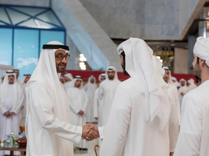 ABU DHABI, UNITED ARAB EMIRATES - July 18, 2017: HH Sheikh Mohamed bin Zayed Al Nahyan Crown Prince of Abu Dhabi Deputy Supreme Commander of the UAE Armed Forces (L) greets a guest during the wedding reception of Saeed Juma Al Ghuwais (not shown)5, at Armed Forces Officers Club.

( Mohamed Al Hammadi / Crown Prince Court - Abu Dhabi )
---