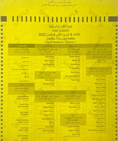 Partial section of a sample Arabic-language ballot from the city of Dearborn. Photo: cityofdearborn.org