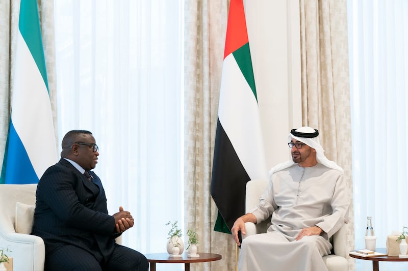 Sheikh Mohamed bin Zayed, Crown Prince of Abu Dhabi and Deputy Supreme Commander of the Armed Forces, receives Julius Maada Bio, President of Sierra Leone, on Sunday. Photo: Ministry of Presidential Affairs