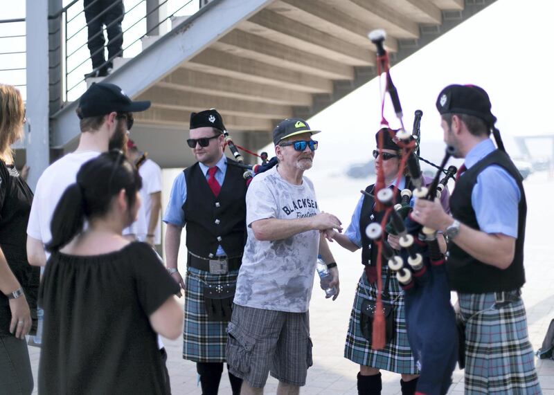 DUBAI, UNITED ARAB EMIRATES. 13 SEPTEMBER 2019. 
Ricky’s father thanks the bagpipes musicians at his son’s memorial.

More than 100 bikers from motorcycle clubs in the UAE will pay tribute to Scotsman Ricky Gilchrist, 46, who was killed on Maliha Road in Sharjah on August 9.

Friends and family of a Dubai resident who died in a motorbike accident last month are holding a memorial ride in his honour on Friday.

His mother, father, sister and son, Jack, 22, have flown in from Scotland to join the memorial ride on Friday. The group are due to set off from Dubai Motor City for Bab Al Shams to plant a ghaf tree in remembrance.

(Photo: Reem Mohammed/The National)

Reporter:
Section: