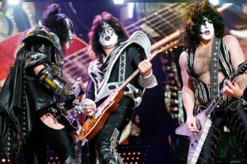LONDON, UNITED KINGDOM - MAY 12: Gene Simmons, Tommy Thayer and Paul Stanley of KISS perform at the Wembley Arena on May 12, 2010 in London, England. (Photo by Jo Hale/Getty Images)