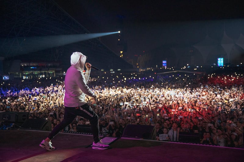 Eminem delighted fans with a catalogue of his greatest hits at du Arena, but it took some up to two hours to gain entry to the venue. Courtesy of Flash Entertainment