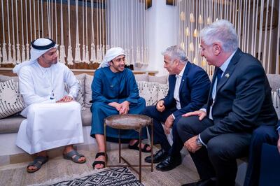 Sheikh Abdullah bin Zayed, Minister of Foreign Affairs and International Co-operation, meets Yair Lapid, Israeli Minister of Foreign Affairs. Mohamed Al Khaja, the UAE's ambassador to Israel, also attended the meetings. Wam