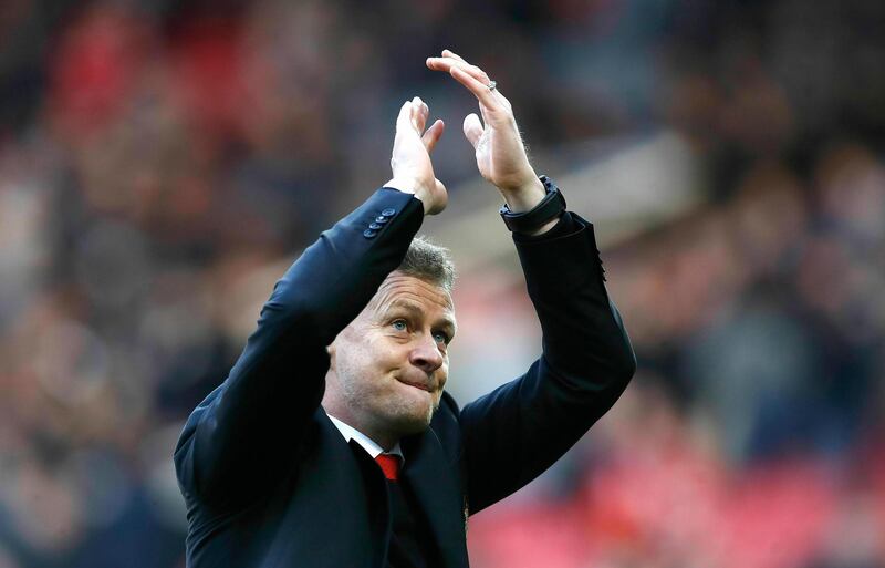 Manchester United manager Ole Gunnar Solskjaer celebrates their victory over Watford. PA via AP
