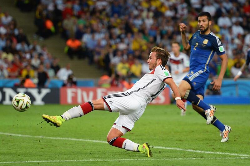 Mario Gotze of Germany scores his team’s first goal in extra time, which proves to be the winner. Jamie McDonald / Getty Images