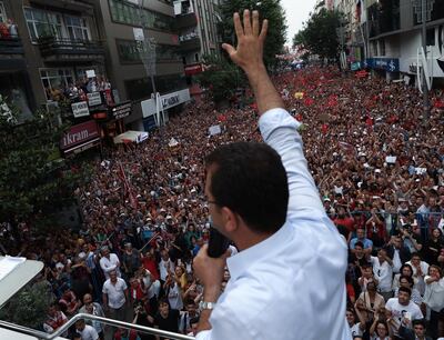 epa07658589 Republican People's Party 'CHP' candidate for Istanbul mayor Ekrem Imamoglu speaks during his repeated election campaign rally in Istanbul, Turkey, 19 June 2019. According to media reports, the Turkish Electoral Commission has ordered a repeat of the mayoral election in Istanbul on 23 June, after Turkish President Recep Tayyip Erdogan's AK Party had alleged there was 'corruption' behind his party losing.  EPA/SEDAT SUNA