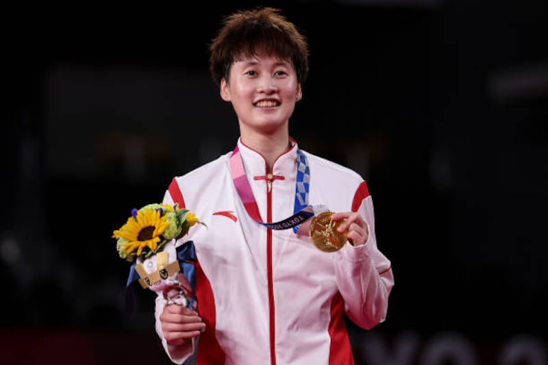 Chen Yu Fei of China on the podium after winning gold in the women’s singles badminton.