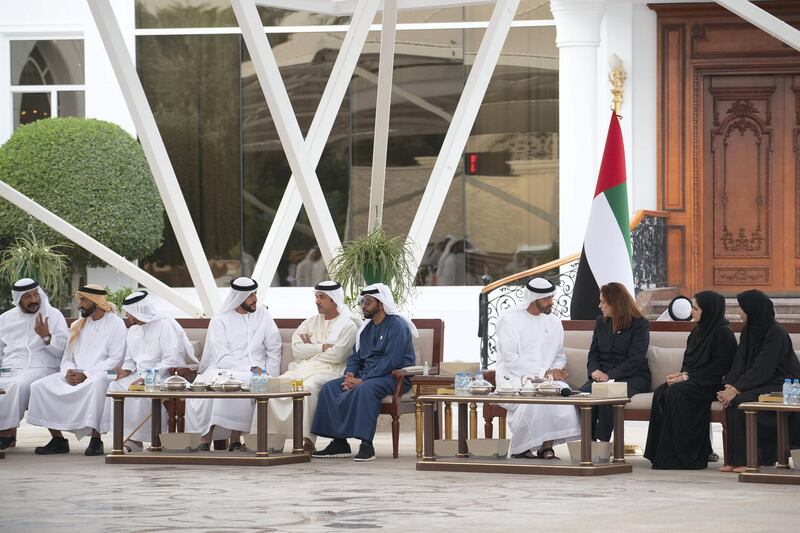 JUMEIRAH, DUBAI, UNITED ARAB EMIRATES - February 11, 2019: HH Sheikh Mohamed bin Zayed Al Nahyan Crown Prince of Abu Dhabi Deputy Supreme Commander of the UAE Armed Forces (4th R), meets with Maria Fernanda Espinosa, President of the United Nations General Assembly (3rd R), during a Sea Palace barza. 
Seen with HH Sheikh Saeed bin Mohamed Al Nahyan (L), HH Sheikh Nahyan Bin Zayed Al Nahyan, Chairman of the Board of Trustees of Zayed bin Sultan Al Nahyan Charitable and Humanitarian Foundation (2nd L), HH Sheikh Issa bin Zayed Al Nahyan (3rd L), HH Sheikh Abdullah bin Rashid Al Mu'alla, Deputy Ruler of Umm Al Quwain (4th L), HH Sheikh Hazza bin Zayed Al Nahyan, Vice Chairman of the Abu Dhabi Executive Council (5th L), HH Sheikh Hamdan bin Zayed Al Nahyan, Ruler’s Representative in Al Dhafra Region (6th L), and Hana Al Hashemi (2nd R), and HE Maryam Eid Al Mheiri, CEO of Media Zone Authority & and CEO of twofour54 (R). 
( Ryan Carter / Ministry of Presidential Affairs )
---