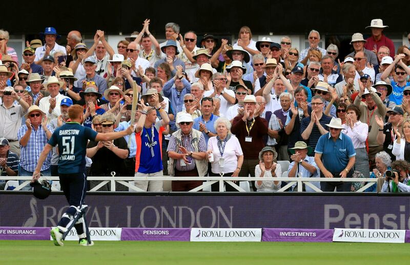 England's Jonny Bairstow salutes the crowd as he leaves the field having being bowled by Ashton Agar during the One Day International match at Trent Bridge, in Nottingham, England, Tuesday June 19, 2018.  England extended its own world record in one-day international cricket by 37 runs, after smashing the highest-ever total of 481-6 against Australia, with opener Jonny Bairstow making 139.(Mike Egerton/PA via AP)