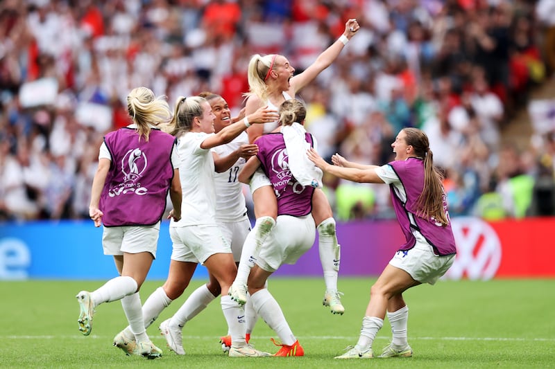 Chloe Kelly celebrates after scoring England's second goal during the UEFA Women's Euro 2022 final between England and Germany at Wembley Stadium. Getty Images