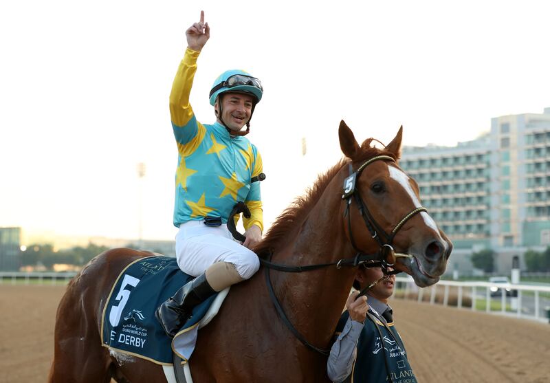 Derma Sotogake, ridden by Christophe Lemaire, won the $1 million UAE Derby. Chris Whiteoak / The National