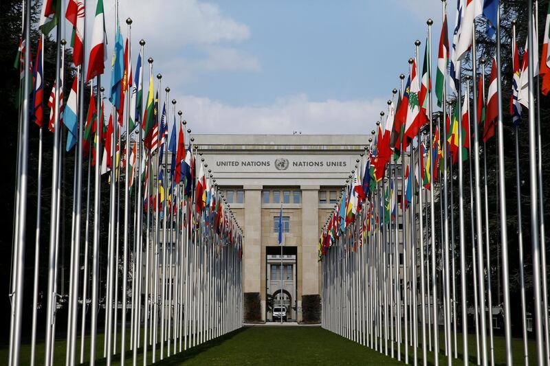 Flags are pictured outside the United Nations in Geneva, Switzerland, February 27, 2018.  REUTERS/Denis Balibouse