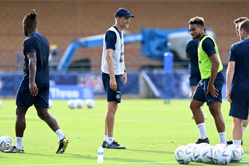 Thomas Tuchel watches Reece James and the rest of the squad in training.