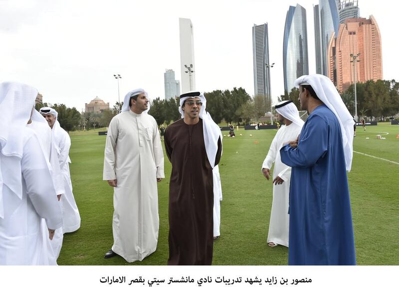 Sheikh Mansour bin Zayed, Deputy Prime Minister, Minister of Presidential Affairs and owner of Manchester City Football Club, attends the club’s training camp at Emirates Palace Stadium. Wam
