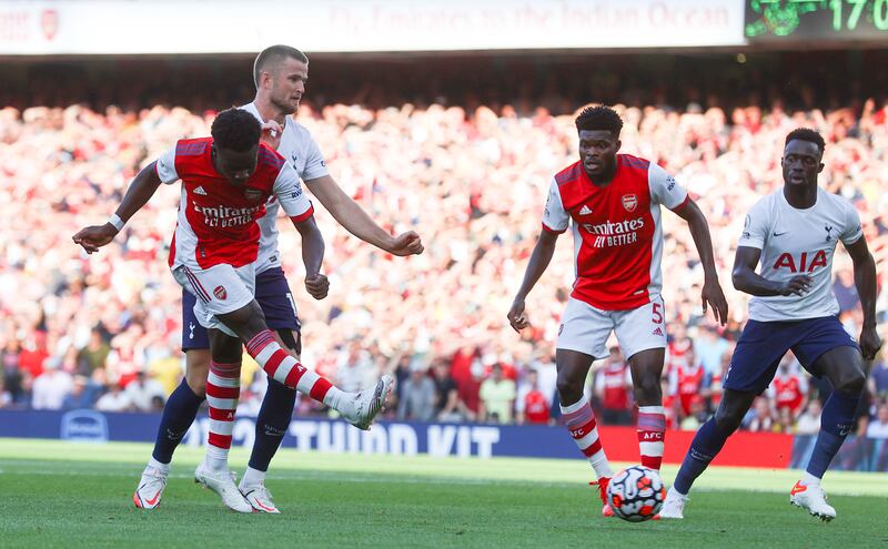 Bukayo Saka of Arsenal scores their side's third goal. Getty