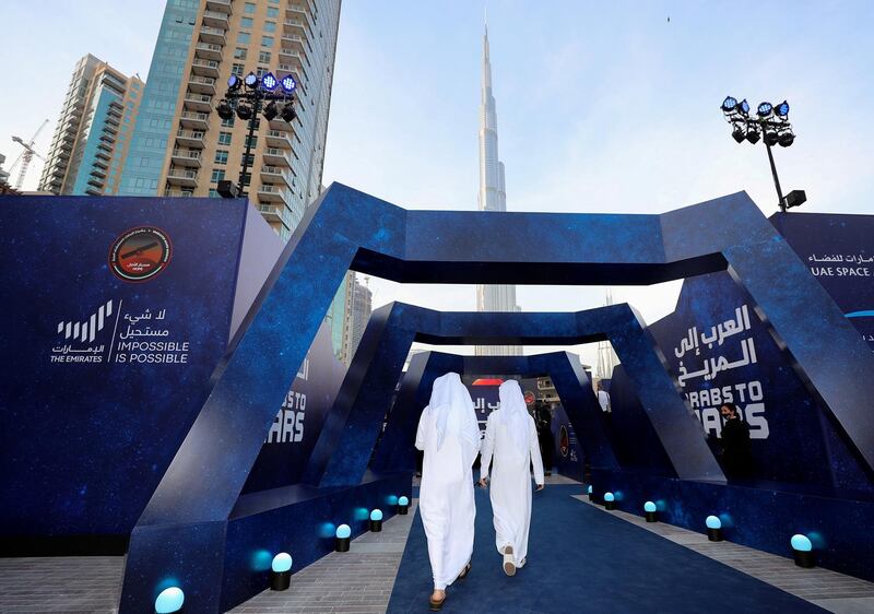 Dubai, United Arab Emirates - Reporter: Sarwat Nasir. News. Mars Mission. Guests arrive at an event at Burj Park to celebrate the Hope probe going into orbit around Mars. Tuesday, February 9th, 2021. Dubai. Chris Whiteoak / The National