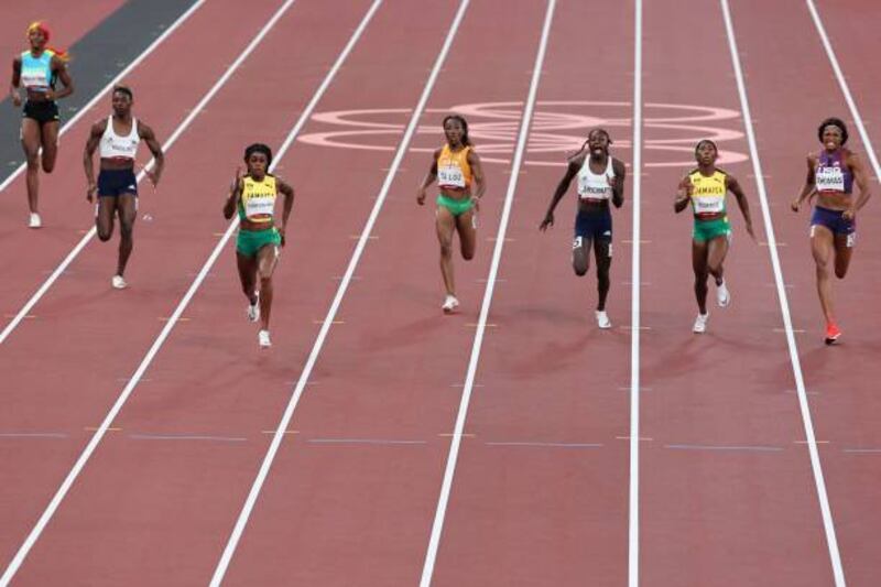 From right:  USA's Gabrielle Thomas, Jamaica's Shelly-Ann Fraser-Pryce, Namibia's Christine Mboma, Ivory Coast's Marie-Josee Ta Lou, Jamaica's Elaine Thompson-Herah, Namibia's Beatrice Masilingi and Bahamas's Shaunae Miller-Uibo compete in the women's 200m final during the Tokyo 2020 Olympic Games.