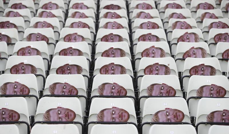 At the England v Australia cricket match at Edgbaston, Birmingham, Britain, Ben Stokes masks lie on seats before play. Reuters