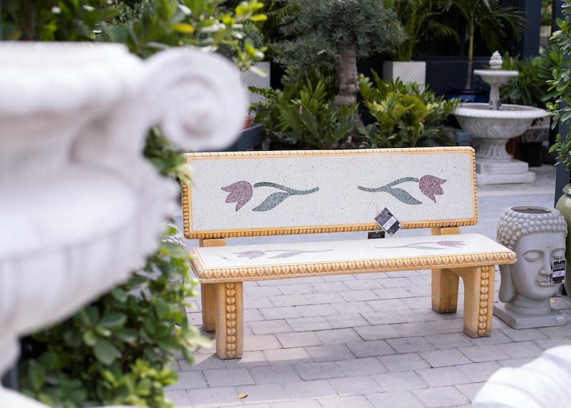 DUBAI, UNITED ARAB EMIRATES - JULY 22 2019.

A bench for sale at the newly opened Dubai Garden Center in Jumeira 1, opposite Town Center.

(Photo by Reem Mohammed/The National)

Reporter: Katy Gillett
Section: WK