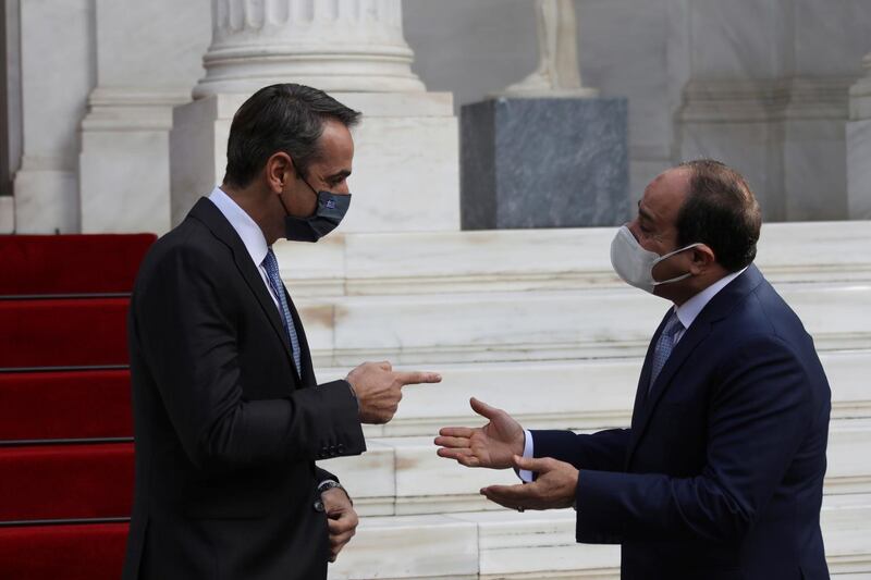 Greek Prime Minister Kyriakos Mitsotakis welcomes Egyptian President Abdel Fattah el-Sisi at the Maximos Mansion in Athens, Greece, November 11, 2020. Yorgos Karahalis/Pool via REUTERS REFILE - CORRECTING TITLE