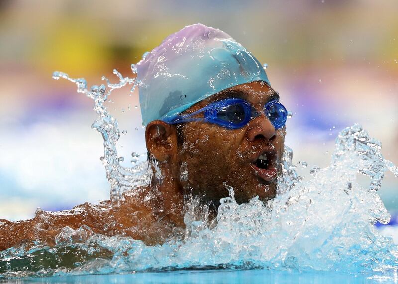 Dubai, United Arab Emirates - March 17, 2019: Vikas Tulsiram Kesarvani of Bharat compeats in the 50m Breaststroke during the swimming at the Special Olympics. Sunday the 17th of March 2019 Hamden Sports Complex, Dubai. Chris Whiteoak / The National
