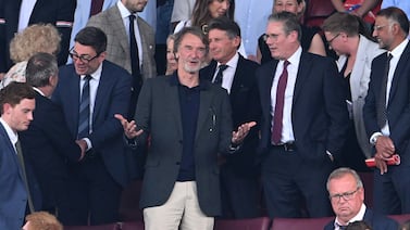 Greater Manchester mayor Andy Burnham, left, with Sir Jim Ratcliffe, centre, and Labour leader Keir Starmer at Old Trafford. Getty