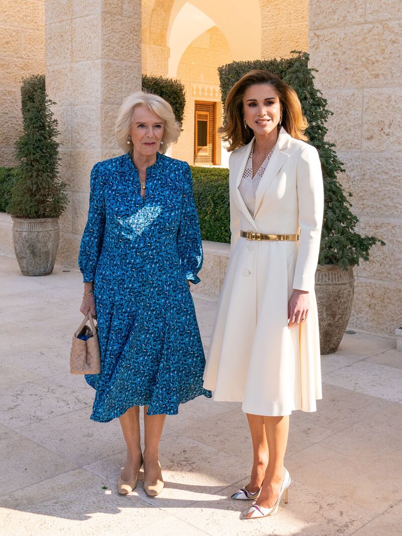 Britain's Camilla, Duchess of Cornwall and Jordan's Queen Rania at Al Husseiniya Palace, in Amman. Reuters