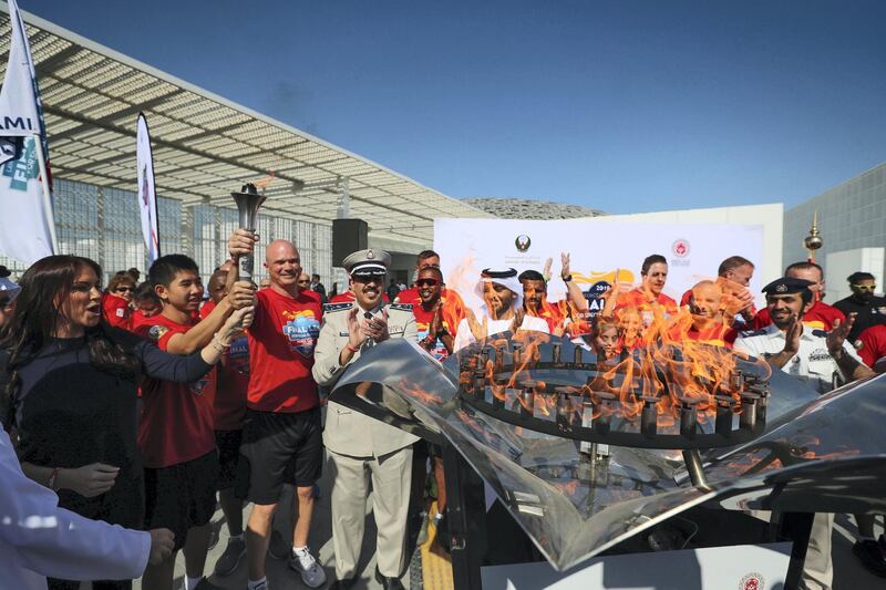 Abu Dhabi, United Arab Emirates - March 13, 2019: The arrival of Special Olympic torch team at Louvre Abu Dhabi. Wednesday the 13th of March 2019 at Louvre, Abu Dhabi. Chris Whiteoak / The National