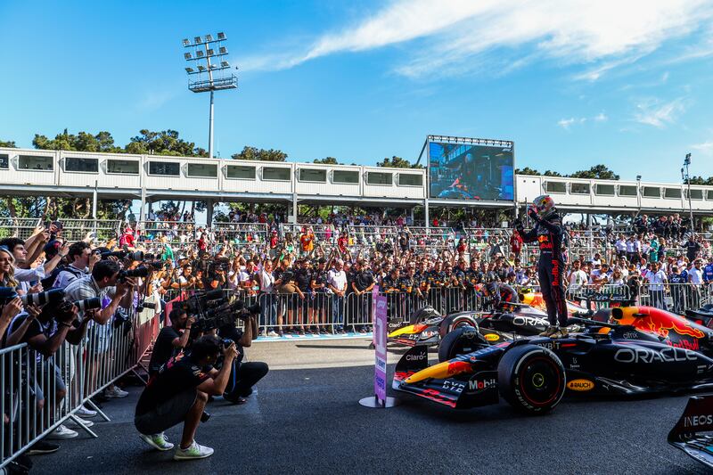 Red Bull's Max Verstappen celebrates finishing first in the Azerbaijan Grand Prix at Baku City Circuit on June 12, 2022. Getty