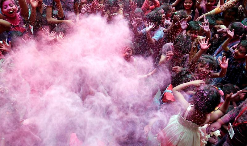 Holi celebrations inside a school in Ahmedabad, India. Amit Dave / Reuters