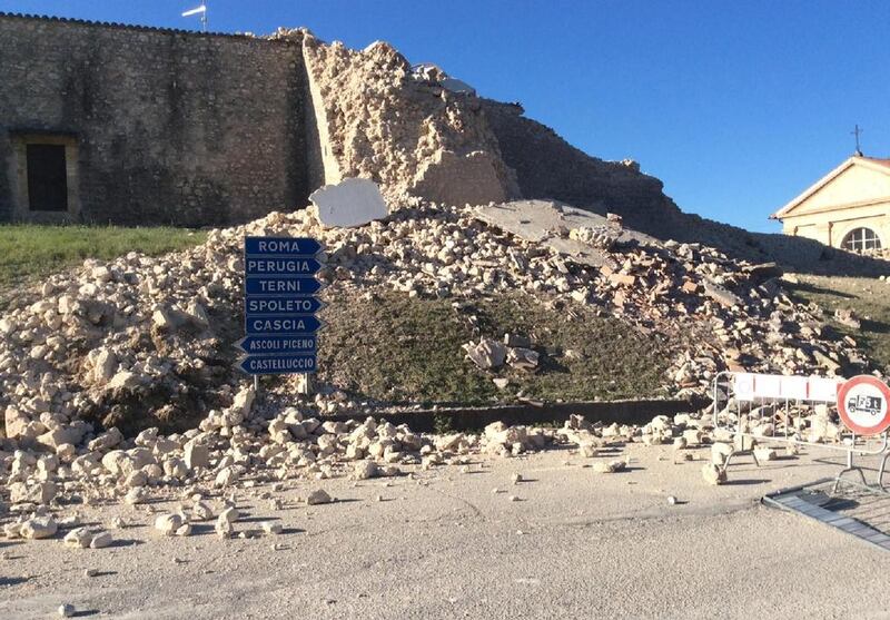 A collapsed wall in Norcia. Italian Army / EPA