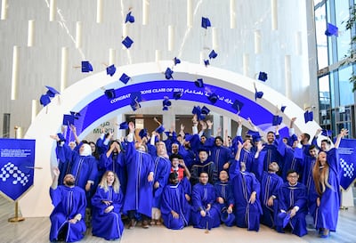 Students from the Mohamed bin Zayed University of Artificial Intelligence class of 2023 hold a graduation ceremony in Abu Dhabi. The university, the first in the world to be dedicated to AI, is creating a new generation of technology experts. Khushnum Bhandari / The National
