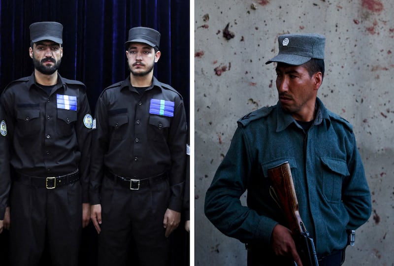 The new Afghan Taliban police uniform, left, and the old one, right. Reuters, AFP