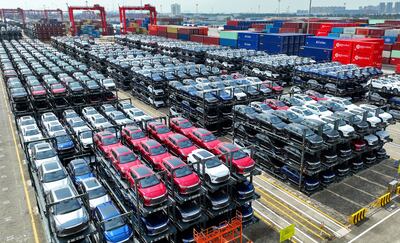 BYD electric cars waiting to be loaded onto a ship at the international container terminal of Taicang Port at Suzhou Port, in China’s eastern Jiangsu province.  AFP