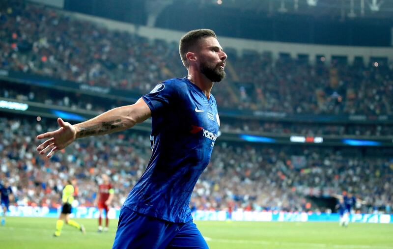 Chelsea's Olivier Giroud celebrates scoring his side's first goal of the game during the UEFA Super Cup Final at Besiktas Park, Istanbul. PRESS ASSOCIATION Photo. Picture date: Wednesday August 14, 2019. See PA story SOCCER Super Cup. Photo credit should read: Peter Byrne/PA Wire