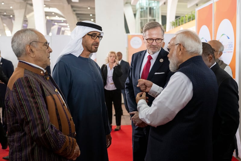 Sheikh Mohamed with Mr Modi and President Jose Ramos of East Timor, left, and Prime Minister Petr Fiala of the Czech Republic, third left. Photo: Hamad Al Kaabi / UAE Presidential Court