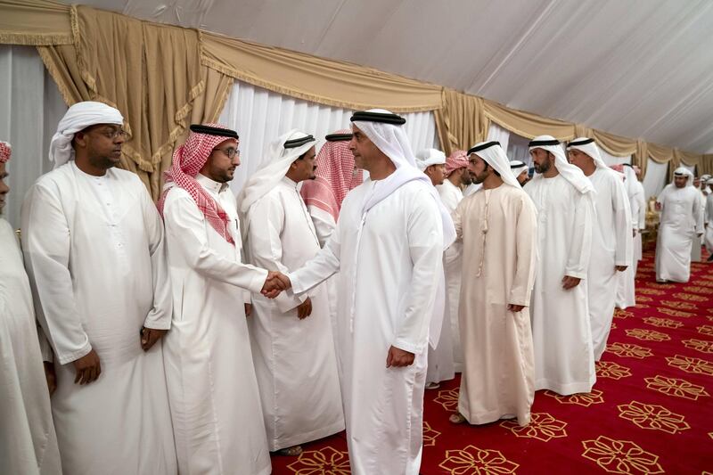 BANIYAS, ABU DHABI, UNITED ARAB EMIRATES - September 15, 2019: HH Sheikh Mohamed bin Zayed Al Nahyan, Crown Prince of Abu Dhabi and Deputy Supreme Commander of the UAE Armed Forces (R), offers condolences for martyr Warrant Officer Saleh Hassan Saleh bin Amro. Seen with HH Sheikh Khalifa bin Tahnoon bin Mohamed Al Nahyan, Director of the Martyrs' Families' Affairs Office of the Abu Dhabi Crown Prince Court (2nd R), HE Mohamed Mubarak Al Mazrouei, Undersecretary of the Crown Prince Court of Abu Dhabi (3rd R) and HE Jaber Al Suwaidi, General Director of the Crown Prince Court - Abu Dhabi (4th R). 


( Mohamed Al Hammadi / Ministry of Presidential Affairs )
---