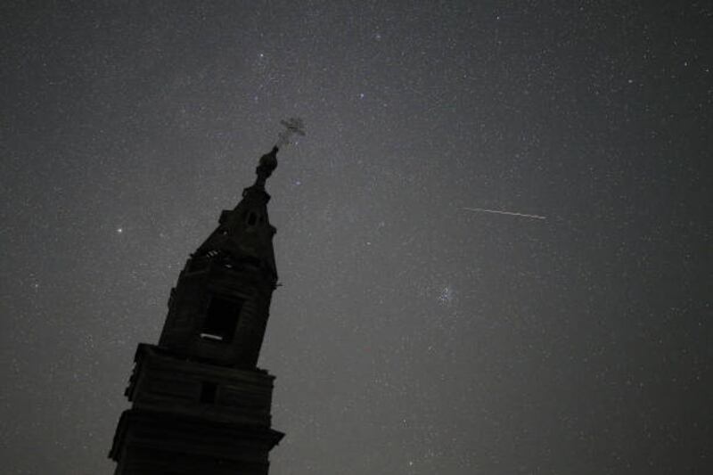 A view of the Perseid meteor shower over the Church of St Paraskevi of Iconium in the village of Russkoye Khodyashevo in the Russian Republic of Tatarstan in 2021.