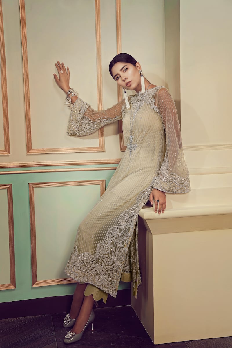 Elan fuses a formal Eastern aesthetic with cocktail wear, and intricate embroidery with pastel shades. Courtesy Elan