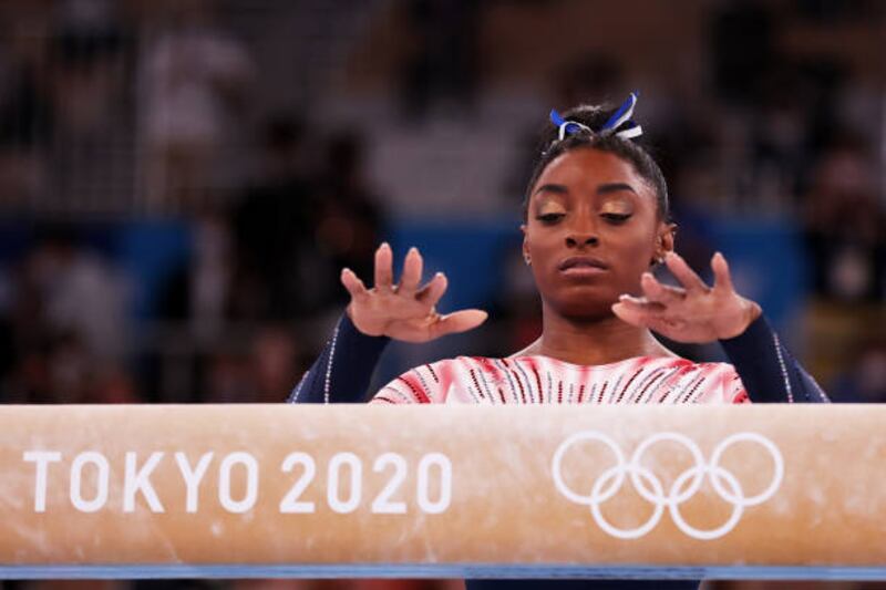 Simone Biles of Team United States competes in the Women's Balance Beam Final.